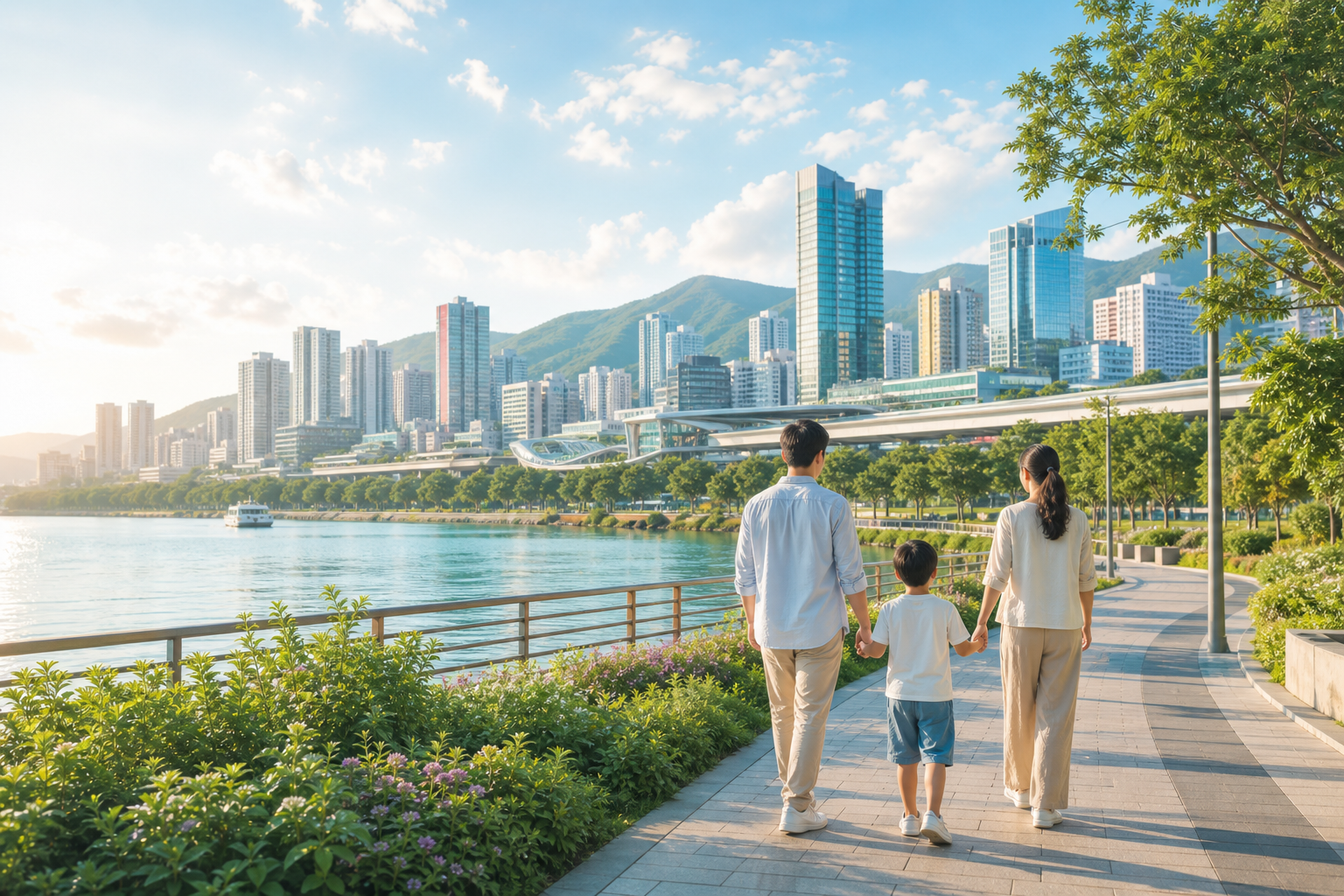 一家人在北部都會區海濱步道眺望城市與綠化景觀